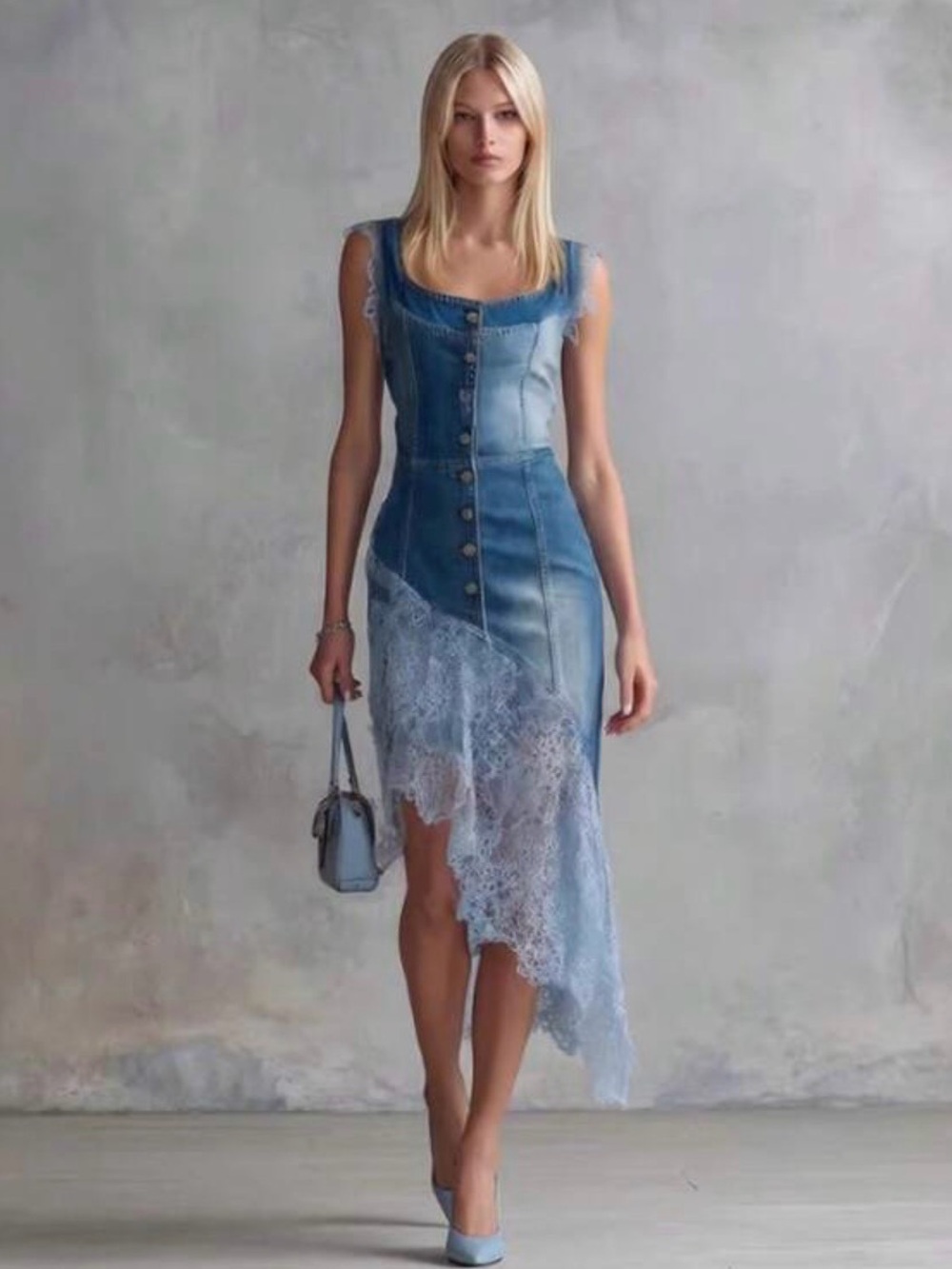 Sleeveless Light Blue Denim Lace-Asymmetrical Midi Dress